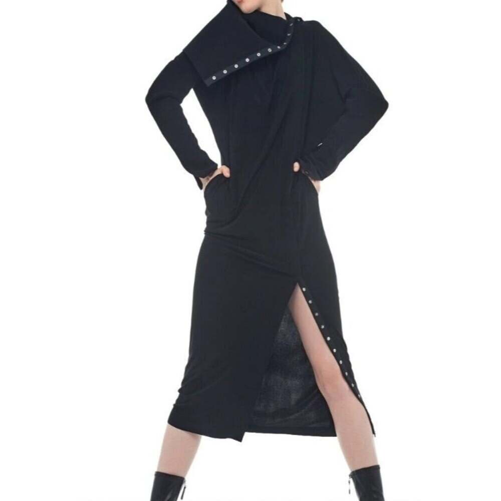 Norma Kamali Bonded Oversized Side Snap Midcalf Black Jacket Sz M